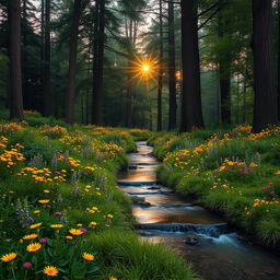 A stunning, enchanting forest at dusk, with deep emerald green foliage and vibrant wildflowers blooming in a riot of colors including yellows, purples, and reds