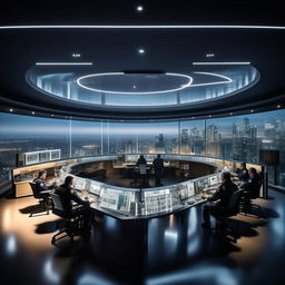 A well-lit glass penthouse office, designed as a SWAT control room with five officers at screens on an arc console, plus another officer at a separate desk with a screen, taking inspiration from the architecture in the provided link.