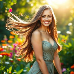 A stunningly beautiful woman with flowing long hair, wearing a stylish and elegant dress that accentuates her figure