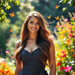 A stunningly beautiful woman with flowing long hair, wearing a stylish and elegant dress that accentuates her figure