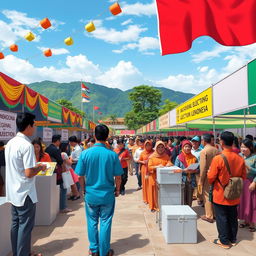 A vibrant and dynamic scene depicting an Indonesian regional head election, with polling stations set up featuring colorful banners, enthusiastic voters lining up to cast their votes, and officials guiding the process