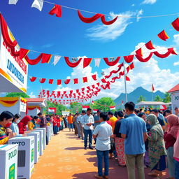 A vibrant and dynamic scene depicting an Indonesian regional head election, with polling stations set up featuring colorful banners, enthusiastic voters lining up to cast their votes, and officials guiding the process