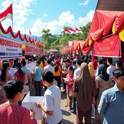 A vibrant and dynamic scene depicting an Indonesian regional head election, with polling stations set up featuring colorful banners, enthusiastic voters lining up to cast their votes, and officials guiding the process