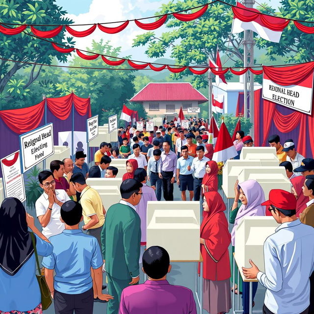 A vibrant and dynamic scene depicting an Indonesian regional head election, with polling stations set up featuring colorful banners, enthusiastic voters lining up to cast their votes, and officials guiding the process