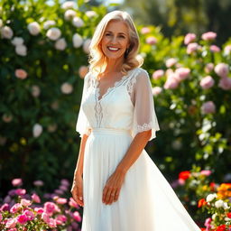 A mature woman wearing a flowing white dress, standing gracefully in a sunlit garden filled with blooming flowers
