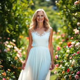 A mature woman wearing a flowing white dress, standing gracefully in a sunlit garden filled with blooming flowers