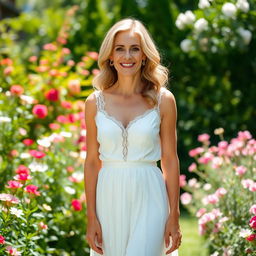 A mature woman wearing a flowing white dress, standing gracefully in a sunlit garden filled with blooming flowers