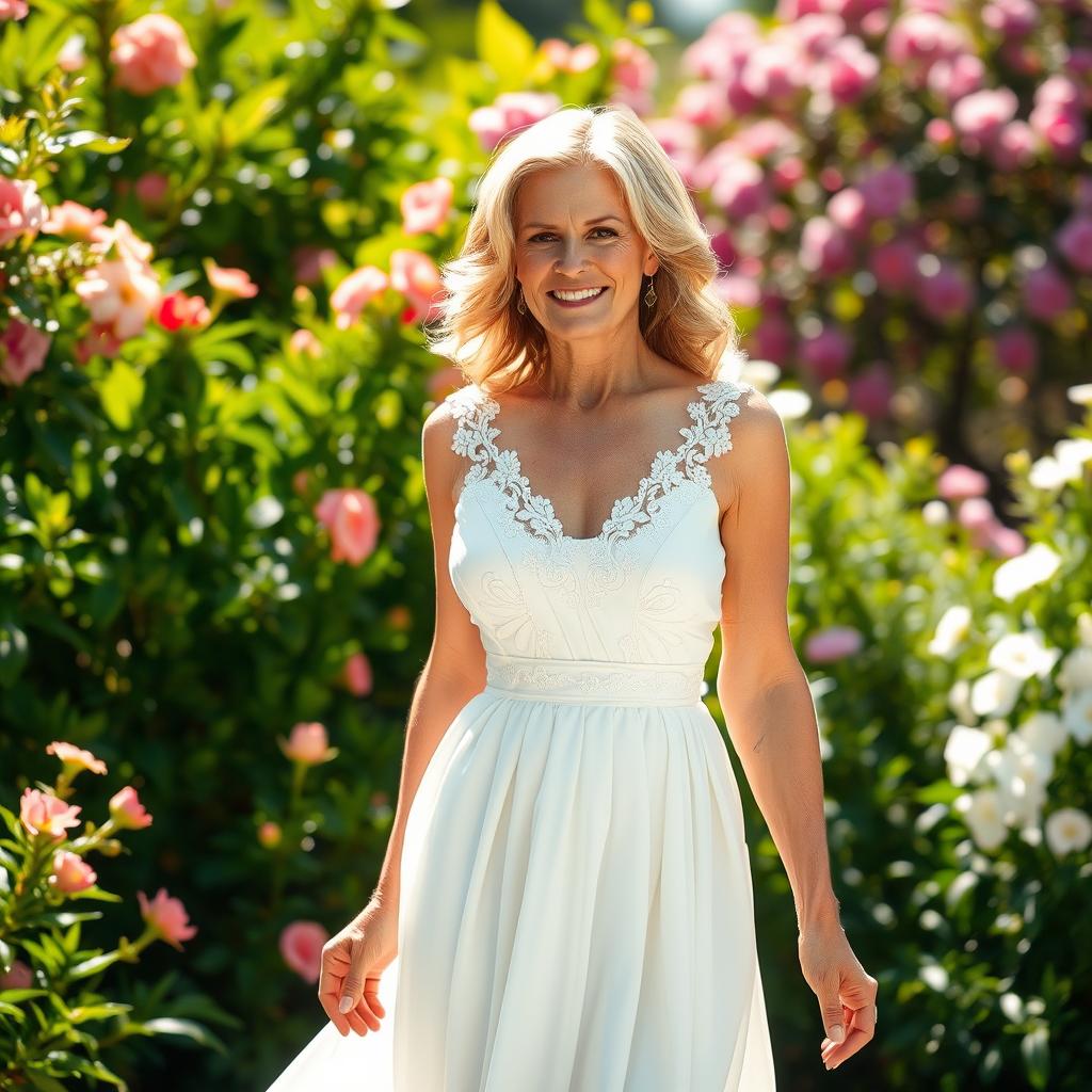 A mature woman wearing a flowing white dress, standing gracefully in a sunlit garden filled with blooming flowers