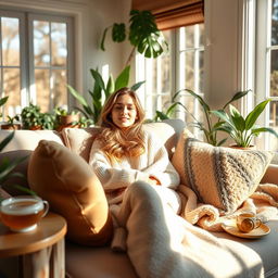 A beautiful girl enjoying a lazy afternoon in a sunlit room, lounging on a plush sofa surrounded by soft cushions and warm blankets