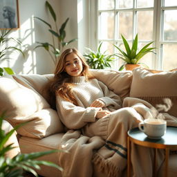 A beautiful girl enjoying a lazy afternoon in a sunlit room, lounging on a plush sofa surrounded by soft cushions and warm blankets