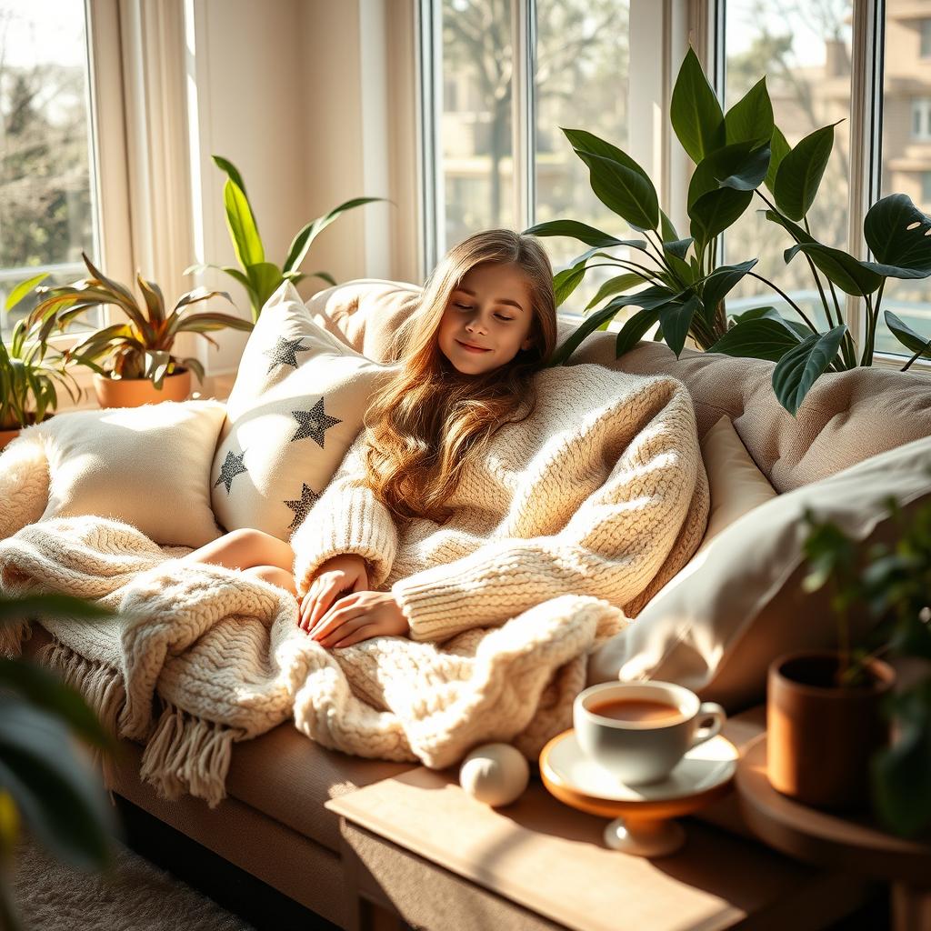 A beautiful girl enjoying a lazy afternoon in a sunlit room, lounging on a plush sofa surrounded by soft cushions and warm blankets