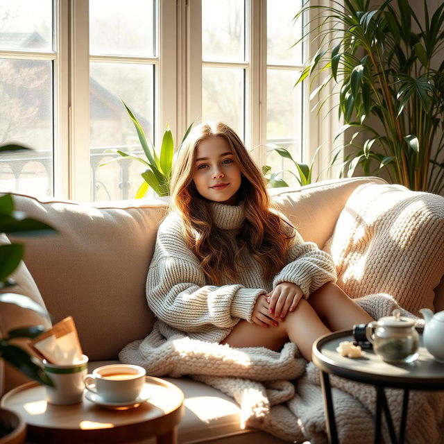 A beautiful girl enjoying a lazy afternoon in a sunlit room, lounging on a plush sofa surrounded by soft cushions and warm blankets