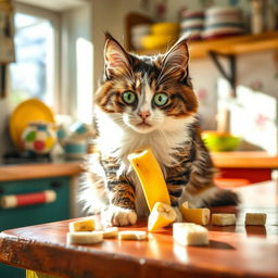 A playful cat sitting on a vibrant kitchen counter, curiously munching on a sliced banana