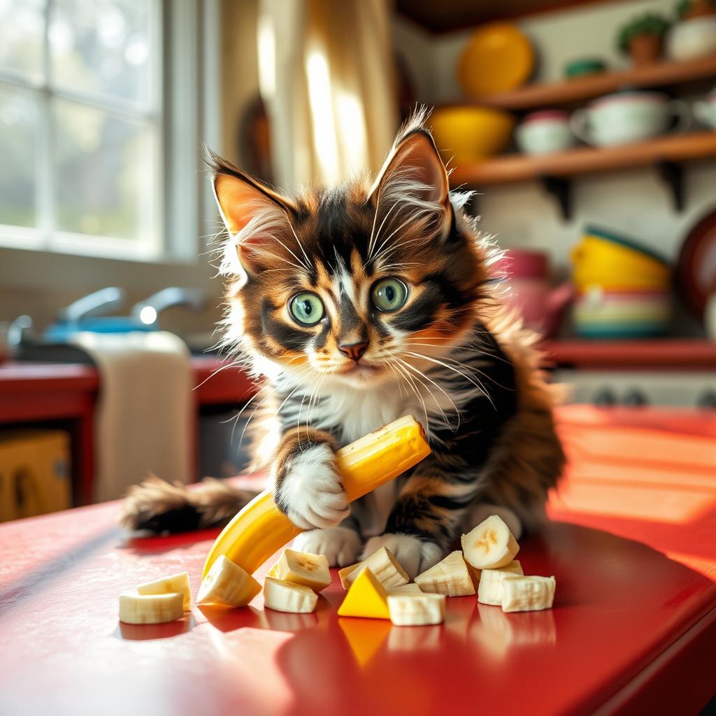 A playful cat sitting on a vibrant kitchen counter, curiously munching on a sliced banana