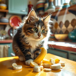 A playful cat sitting on a vibrant kitchen counter, curiously munching on a sliced banana