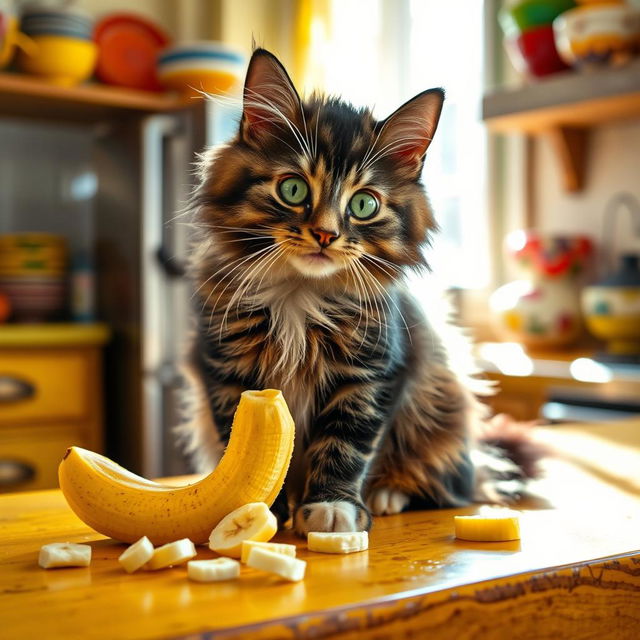 A playful cat sitting on a vibrant kitchen counter, curiously munching on a sliced banana