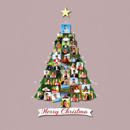 A beautifully designed Christmas tree-shaped photo collage featuring 34 photos arranged creatively in a symmetrical layout