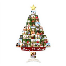 A beautifully designed Christmas tree-shaped photo collage featuring 34 photos arranged creatively in a symmetrical layout