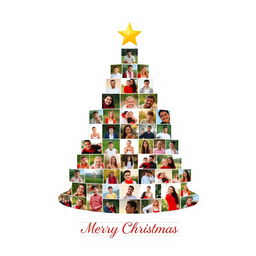A beautifully designed Christmas tree-shaped photo collage featuring 34 photos arranged creatively in a symmetrical layout