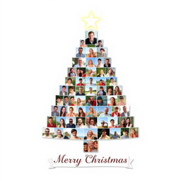 A beautifully designed Christmas tree-shaped photo collage featuring 34 photos arranged creatively in a symmetrical layout