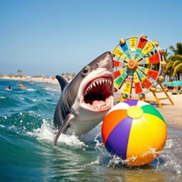 A thrilling action scene featuring a fierce shark leaping out of the ocean, its sharp teeth bared, mid-attack on a large, colorful beach ball