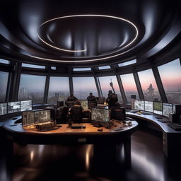 A well-lit glass penthouse office, designed as a SWAT control room with five officers at screens on an arc console, plus another officer at a separate desk with a screen, taking inspiration from the architecture in the provided link.