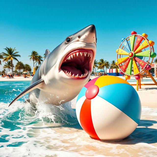 A thrilling action scene featuring a fierce shark leaping out of the ocean, its sharp teeth bared, mid-attack on a large, colorful beach ball