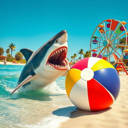 A thrilling action scene featuring a fierce shark leaping out of the ocean, its sharp teeth bared, mid-attack on a large, colorful beach ball