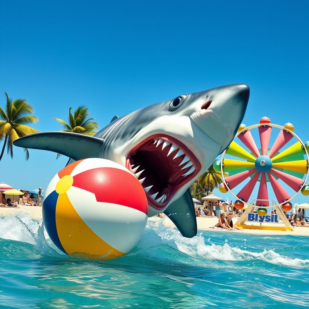 A thrilling action scene featuring a fierce shark leaping out of the ocean, its sharp teeth bared, mid-attack on a large, colorful beach ball