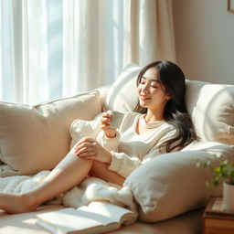 A beautiful Korean girl relaxing peacefully, sitting on a soft couch surrounded by cozy pillows and soft blankets