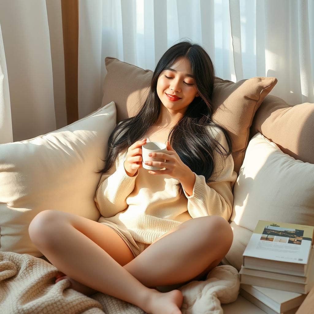 A beautiful Korean girl relaxing peacefully, sitting on a soft couch surrounded by cozy pillows and soft blankets