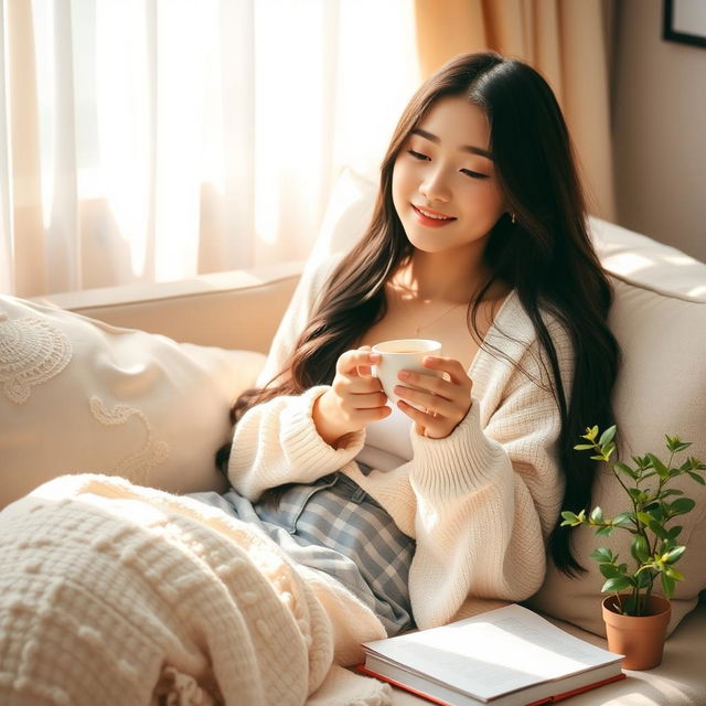 A beautiful Korean girl relaxing peacefully, sitting on a soft couch surrounded by cozy pillows and soft blankets