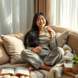 A beautiful Korean girl relaxing peacefully, sitting on a soft couch surrounded by cozy pillows and soft blankets