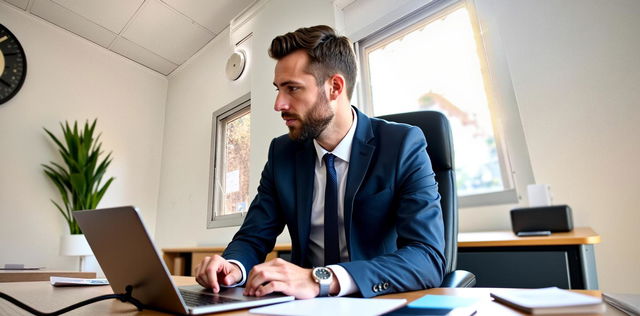 A professional office environment featuring a man with a beard, dressed in a blue shirt, intently focused on working at a laptop