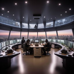 A well-lit glass penthouse office, designed as a SWAT control room with five officers at screens on an arc console, plus another officer at a separate desk with a screen, taking inspiration from the architecture in the provided link.