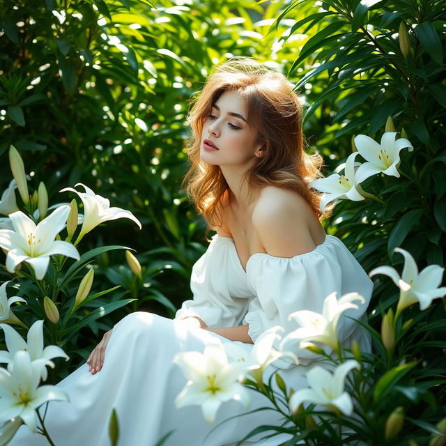 A young woman in a flowing white dress, gracefully sitting among beautiful white lilies