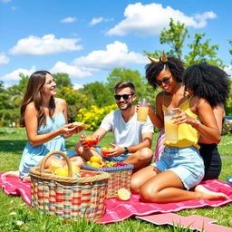 A vibrant group of friends enjoying a picnic in a sunny park
