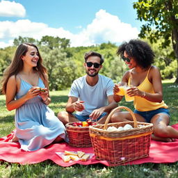 A vibrant group of friends enjoying a picnic in a sunny park