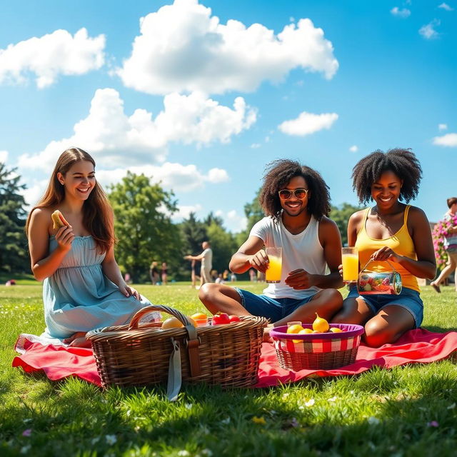 A vibrant group of friends enjoying a picnic in a sunny park