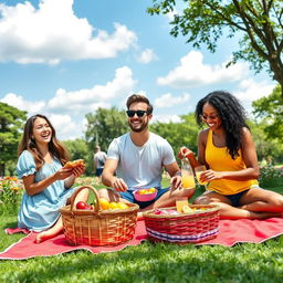 A vibrant group of friends enjoying a picnic in a sunny park