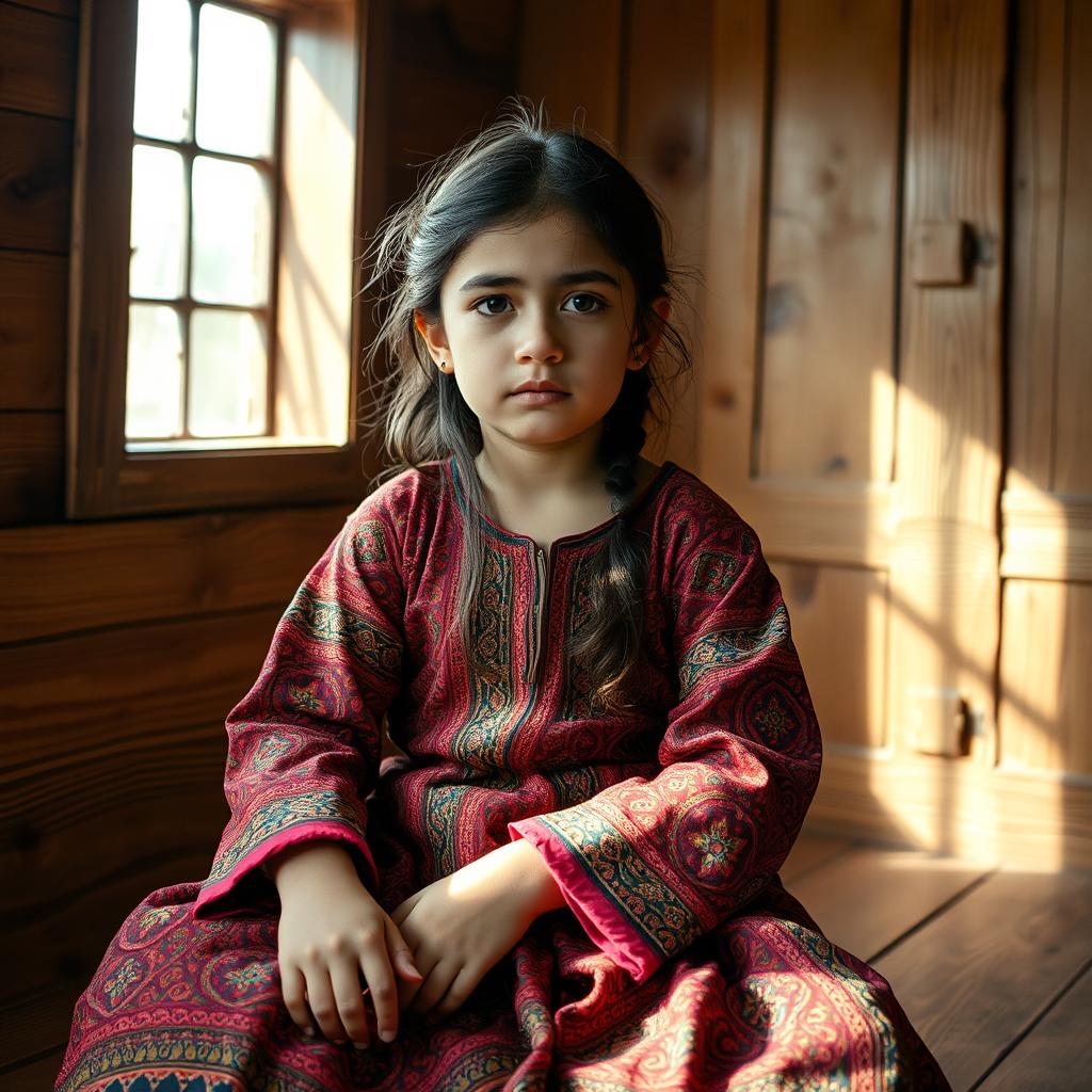 A hopeful yet tired and sad girl sitting in a wooden room that exudes a rustic charm