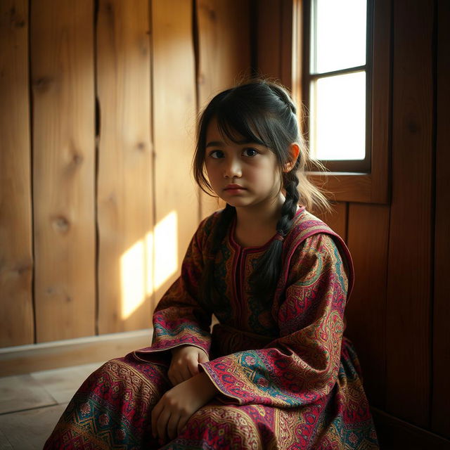 A hopeful yet tired and sad girl sitting in a wooden room that exudes a rustic charm