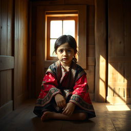A hopeful yet tired and sad girl sitting in a wooden room that exudes a rustic charm
