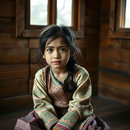 A hopeful yet tired and sad girl sitting in a wooden room that exudes a rustic charm