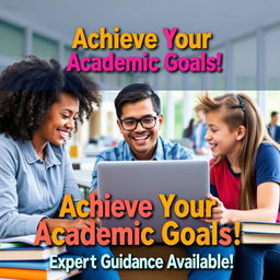 A vibrant and eye-catching educational consulting poster, featuring a diverse group of happy students studying together