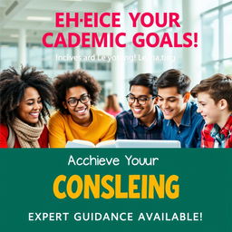 A vibrant and eye-catching educational consulting poster, featuring a diverse group of happy students studying together
