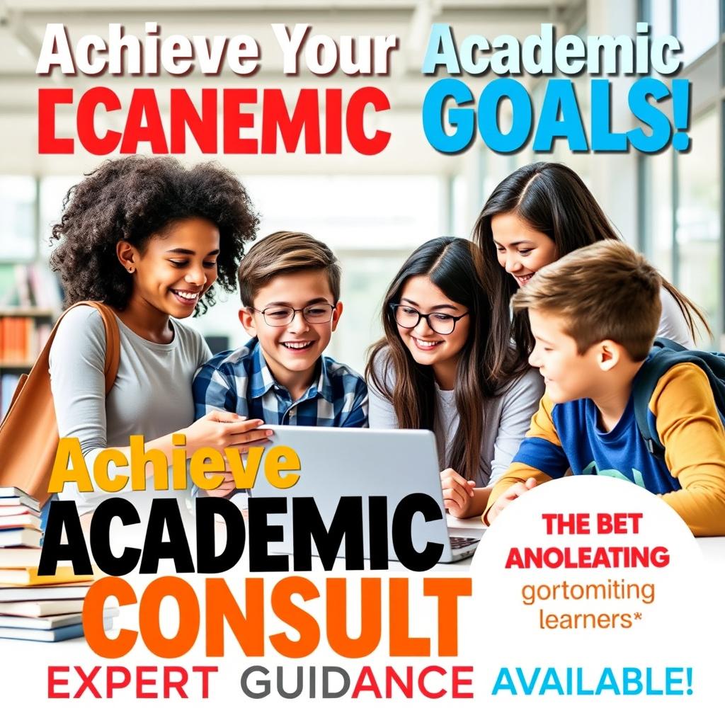 A vibrant and eye-catching educational consulting poster, featuring a diverse group of happy students studying together