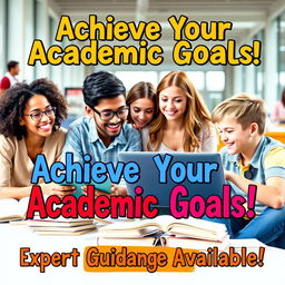 A vibrant and eye-catching educational consulting poster, featuring a diverse group of happy students studying together