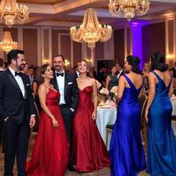 An elegant scene featuring men and women dressed in formal attire at a sophisticated event