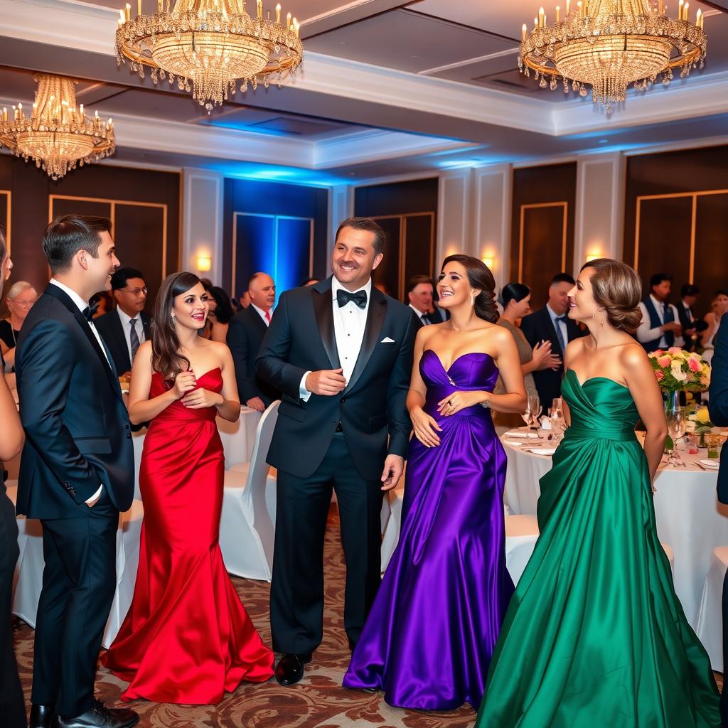 An elegant scene featuring men and women dressed in formal attire at a sophisticated event